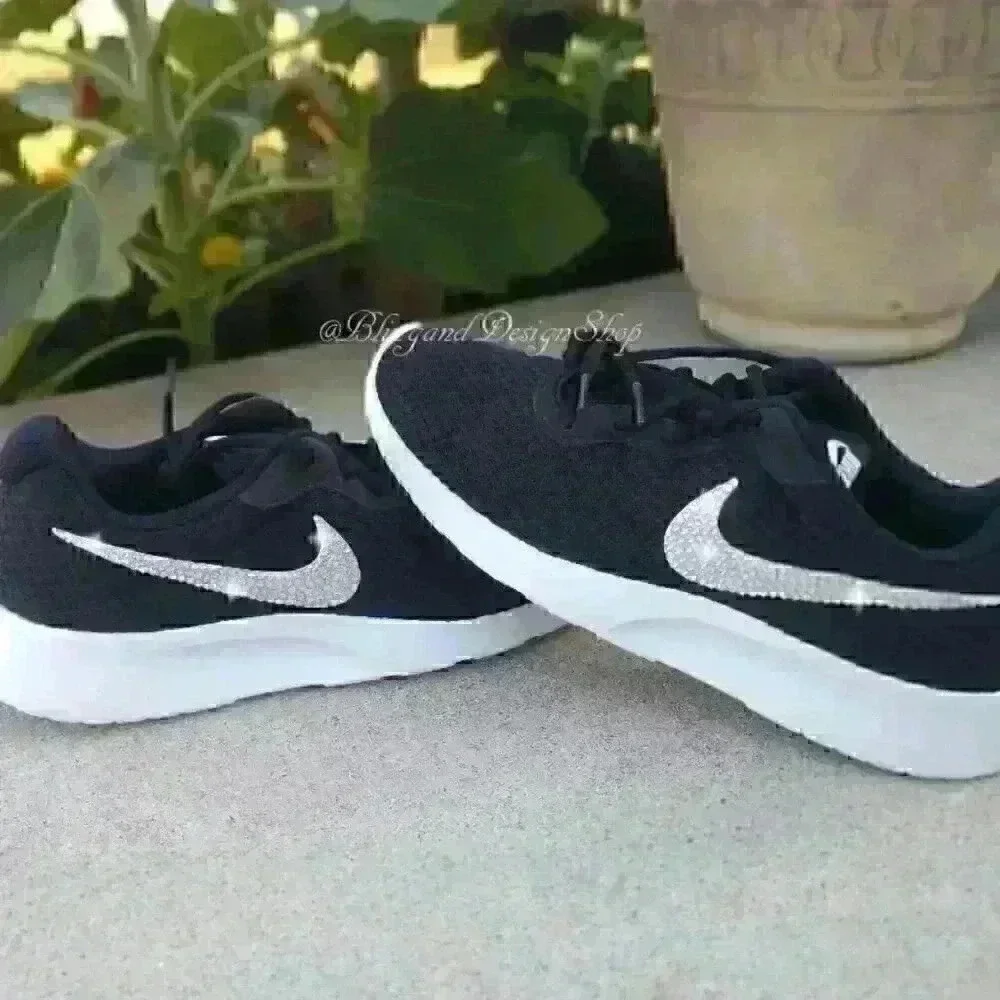 Nike Swarovski Women's Nike Tanjun Sneakers Black White Customized with Crystals